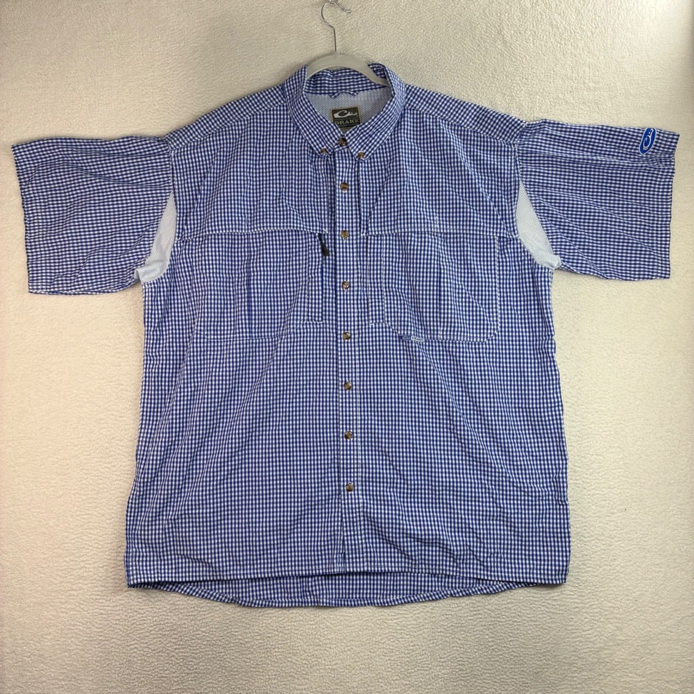 Drake Waterfowl Button Shirt Men 2XL Blue Gingham Plaid Vented Fishing Hunting